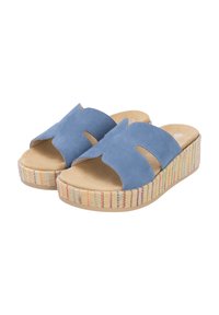 Des sandales à glisser en suède bleu avec deux lanières découpées. Présentant une plateforme tissée à motifs multicolores et une semelle intérieure beige.