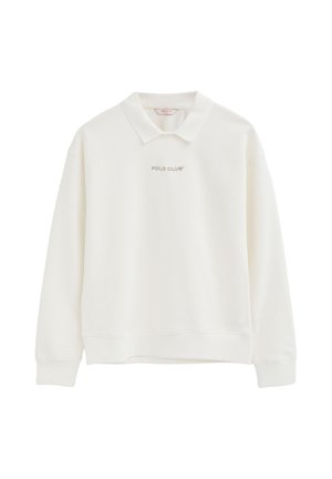 Sudadera blanca de manga larga con cuello y texto "POLO CLUB" en el pecho, diseñada con un corte holgado.