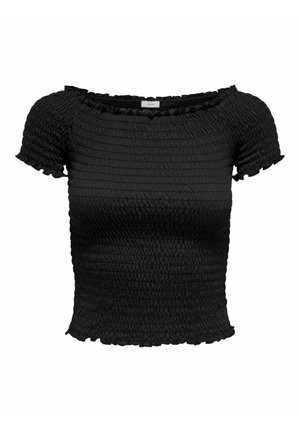 Schwarzes, getäuftes Top mit quadratischem Ausschnitt, kurzen, gerafften Ärmeln und strukturiertem Stoff. Figurbetonte Silhouette mit Raffungen im gesamten Design.