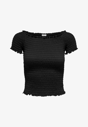 Schwarzes, getäuftes Top mit quadratischem Ausschnitt, kurzen, gerafften Ärmeln und strukturiertem Stoff. Figurbetonte Silhouette mit Raffungen im gesamten Design.