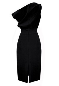 Czarna sukienka z asymetrycznym dekoltem na jedno ramię, z dopasowanym gorsetem, guzikami jako ozdobą oraz ołówkową spódnicą do kolan z rozcięciem z tyłu.