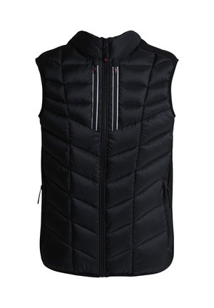 Gilet nero senza maniche trapuntato con cerniera frontale e due tasche verticali con zip vicino al petto, progettato per il clima freddo.