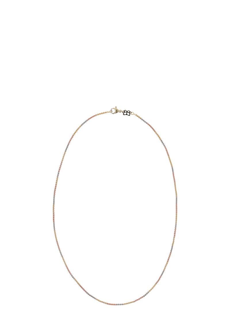 Metalhalskæde med sammenflettede tråde i guld, sølv og rosaguld farver, med en glat, skinnende overflade og en slags lås i lobster-stil.