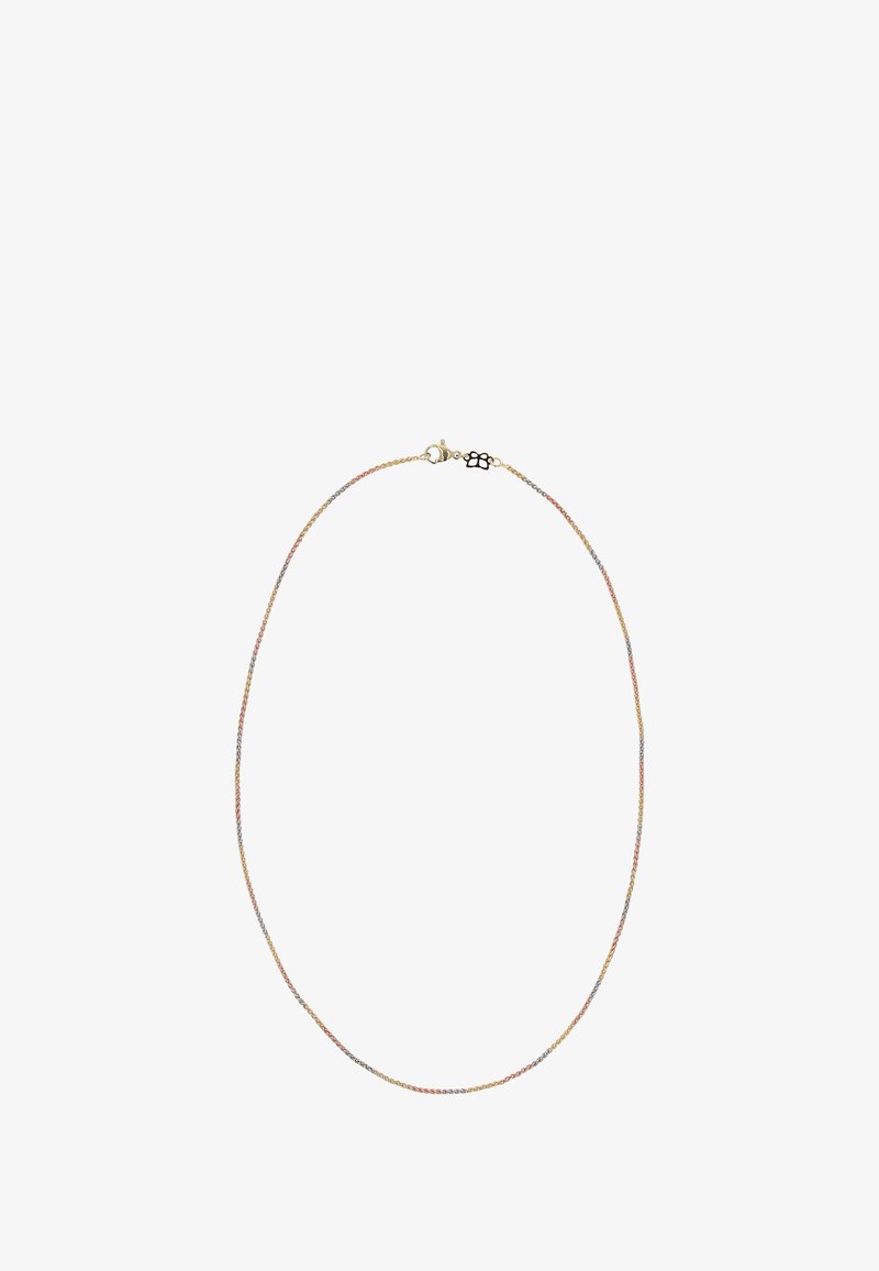 Metalhalskæde med sammenflettede tråde i guld, sølv og rosaguld farver, med en glat, skinnende overflade og en slags lås i lobster-stil.