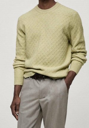 Mand iført en lysegrøn struktureret strikket sweater med grå bukser og sort bælte, den ene hånd i lommen og den anden afslappet ved siden.