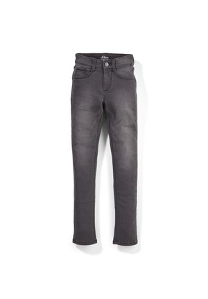Grijze spijkerbroeken met een slim fit, voorzien van voorzakken, een knoop- en ritssluiting, en gestikte details langs de naden.
