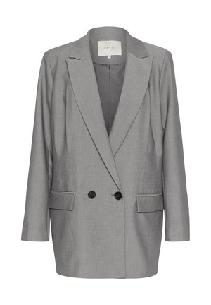 Grå dubbelknäppt blazer gjord av texturerat tyg, med två framfickor, slidkragar och svarta knappar.