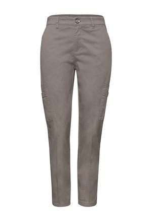 Pantalon à jambes droites couleur taupe avec fermeture par boutons, passants de ceinture et poches à rabat sur les deux cuisses.