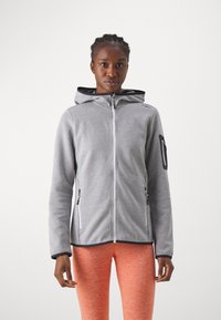 Gray zip-up jacket with a textured finish, hood, and black trim. Features side pockets and a pocket on the sleeve for storage.