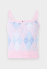 Knit crop top featuring pink and light blue argyle pattern, adjustable straps, and a ribbed hem. Made from soft, breathable material.