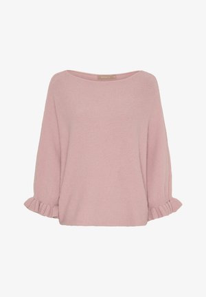 Blød lyserød strikket sweater med bred bådhalsudskæring og 3/4-ærmer med flæsekant, vist på en ensartet hvid baggrund.