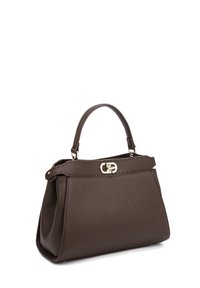 Borsa a mano in pelle marrone con una forma strutturata, manico superiore, finiture in tonalità oro e cuciture decorative lungo il bordo superiore.