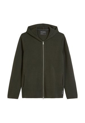 Olive green zip-up hoodie with a ribbed texture, drawstring hood, and two side pockets. Silver zipper accent runs down the front.