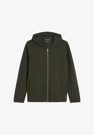 Olivgrüne Zip-Hoodie mit gerippter Textur, Kordelzugkapuze und zwei Seitentaschen. Silberner Reißverschlussakzent verläuft an der Vorderseite.