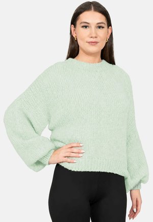Femme aux longs cheveux bruns porte un pull épais tricoté vert clair et un pantalon noir, posant avec une main sur la hanche sur fond blanc.