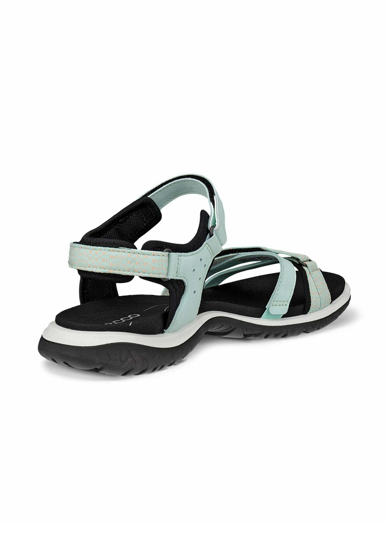 Damen Sandalen mit einem hellblauen synthetischen Obermaterial, verstellbaren Riemen, einer gepolsterten schwarzen Innensohle und einer strukturierten Gummisohle.