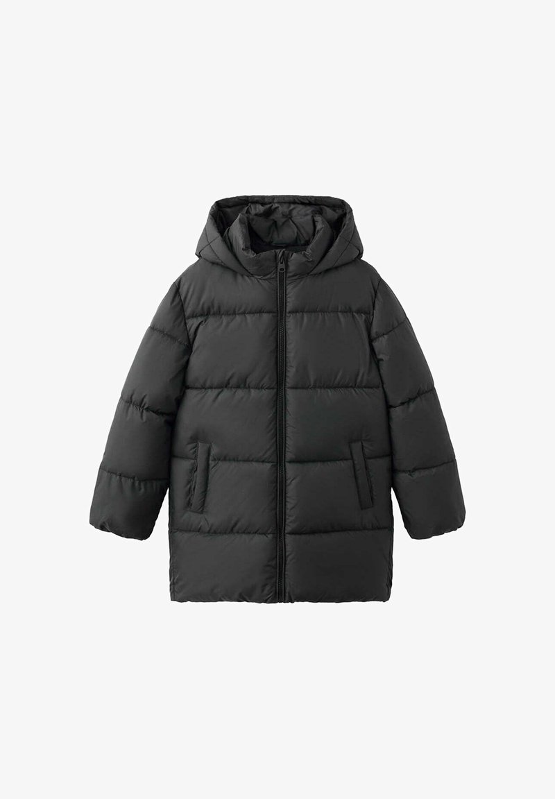 Veste d'hiver noire matelassée avec capuche, manches longues, fermeture éclair devant et deux poches latérales, conçue pour la protection contre le froid.