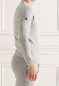 Maglione grigio chiaro, lavorato a maglia, con collo rotondo e maniche lunghe. Presenta un accento circolare nero sulla spalla. Texture liscia.