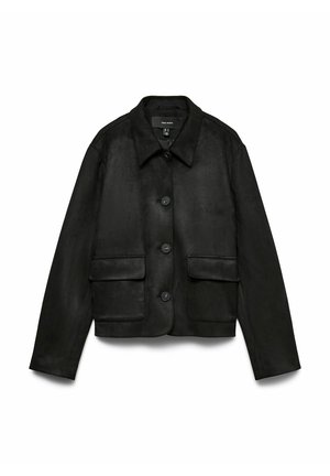 Black leather cropped jacket with a classic collar, two front pockets, and button closure. Smooth texture, minimal design details.
