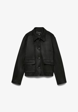 Black leather cropped jacket with a classic collar, two front pockets, and button closure. Smooth texture, minimal design details.