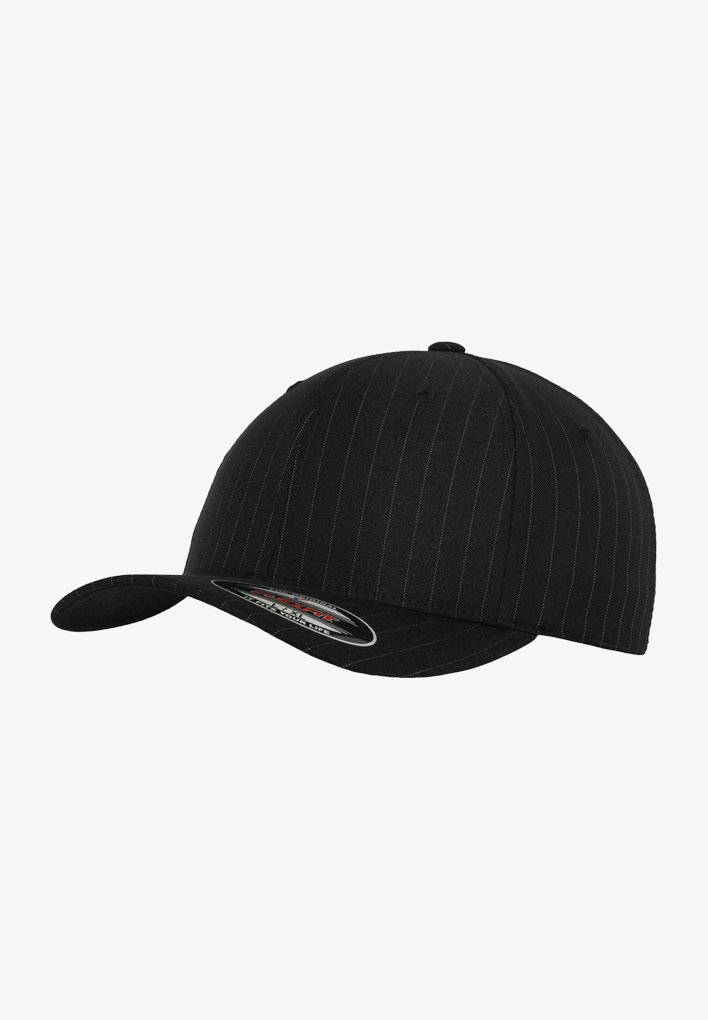 Black baseball cap with fine vertical pinstripes, curved brim, and fabric material; features a logo patch on the underside of the brim.