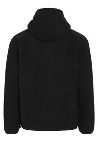 Veste en polaire noire avec capuche, dotée d'un tissu doux et texturé ainsi que d'une coupe décontractée. Détails de couture aux épaules et poignets élastiques.