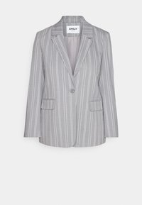 Szary marynarka w paski z pojedynczym zapięciem na guzik, klapami z wycięciem oraz przednimi kieszeniami. Wykonana z lekkiego materiału o gładkiej fakturze.