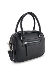 Zwarte leren handtas met een gestructureerd oppervlak, dubbele handgrepen bovenaan, ritsluiting en een voorkantvak met een zilveren ritsdetail.