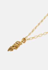 Colier din aur cu un pandantiv sub formă de pergament, inscripționat cu textul "MOARTE ÎNAINTE DE RUȘINE". Textură netedă, linkuri elongate și închidere circulară.