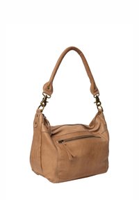 Brun læder handbag med en tekstureret finish, slouchy design, justerbar rem og en frontlomme med lynlås og kontraststing. 