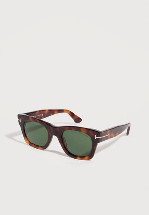 Tortoiseshell rectangular sunglasses with dark green lenses and subtle metallic branding on the temples.