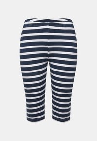 Námořnické modré a bílé pruhované legíny, délka do půli lýtek, elastický pás, hladká textura látky a kontrastní pruhy pro vizuální detail.