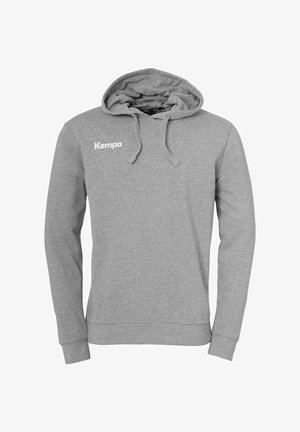 Grauer Hoodie aus weichem Stoff, mit einer Kängurutasche, verstellbarem Kapuzenzug und weißem "Kempa"-Logo auf der Brust.