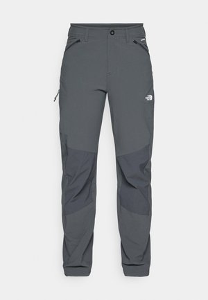 Dunkelgraue Outdoor-Hosen mit verstärkten Kniebereichen, seitlichen und vorderen Taschen mit Reißverschluss, Knopfverschluss und dem The North Face-Logo auf dem Oberschenkel.