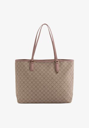 Sac tote beige avec un motif texturé de cercles entrelacés, poignées en cuir rose clair et un contour lisse contrastant. Forme rectangulaire spacieuse.