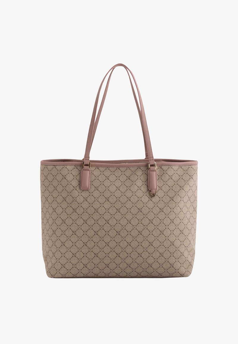 Beige toteväska med ett texturerat mönster av sammanlänkade cirklar, ljusrosa läderhandtag och en kontrasterande slät kant. Rymlig rektangulär form.