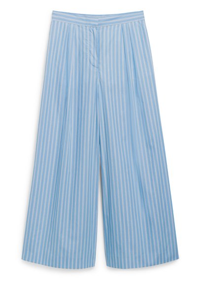 Lichtblauwe wijde broek met verticale witte strepen, met een gladde textuur, geplisseerde voorkant en een op maat gemaakte taille.