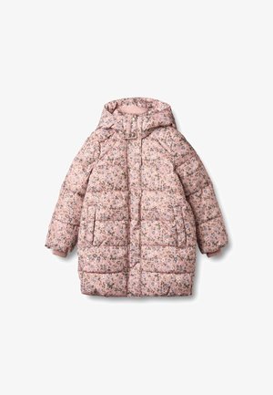 Padded children's coat in light pink with floral print. Features a hood, front zipper, and two front pockets. Ribbed cuffs and quilted texture.
