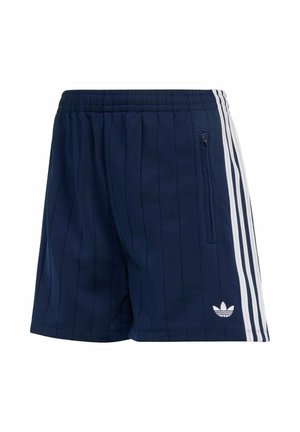 Navy blue athletic shorts with white side stripes, elastic waistband, zippered side pocket, and Adidas logo on lower front.