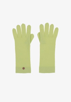 Grüne gestrickte Handschuhe mit einem passgenauen Design, fünf Fingerabdeckungen, gerippte Bündchen und einem kleinen runden Logoakzent am Handgelenk.