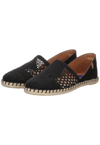 Black espadrilles with a woven upper featuring cut-out patterns, a jute sole, and a low profile design. Soft brown interior lining.