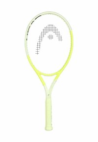Tennis racket with a white frame and yellow accents. Features a grid pattern on the strings and a textured grip. Lightweight design.