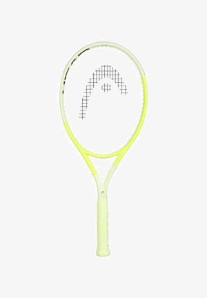 Tennis racket with a white frame and yellow accents. Features a grid pattern on the strings and a textured grip. Lightweight design.