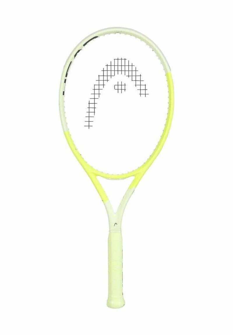Tennis racket with a white frame and yellow accents. Features a grid pattern on the strings and a textured grip. Lightweight design.