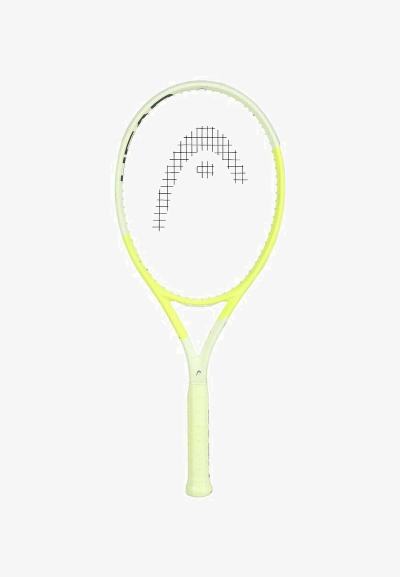 Tennis racket with a white frame and yellow accents. Features a grid pattern on the strings and a textured grip. Lightweight design.