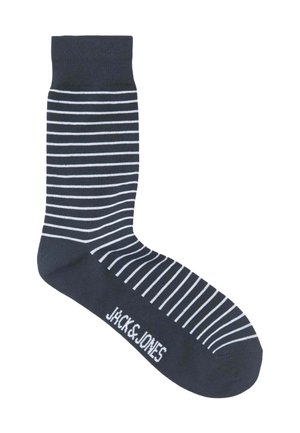 Calza in cotone blu navy con strisce orizzontali bianche, polsino a coste e logo "JACK & JONES" stampato sul lato.