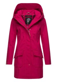 Fuchsia waterproof coat with a hood, zip front, two large front pockets, and subtle embossed logo on the chest. Smooth texture.