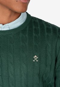 Zielony sweter z dzianiny warkoczowej z prążkowanym teksturem, z małym haftowanym logo w kolorze beżowym. Założony na jasnoniebieską koszulę w paski z kołnierzykiem.