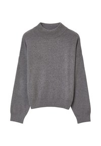 Maglione grigio a maglia con un collo alto a coste, spalle cadute e maniche lunghe. Tessuto morbido e vestibilità ampia, rifinito con un orlo a coste.