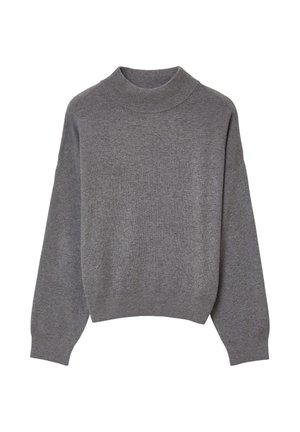 Maglione grigio a maglia con un collo alto a coste, spalle cadute e maniche lunghe. Tessuto morbido e vestibilità ampia, rifinito con un orlo a coste.